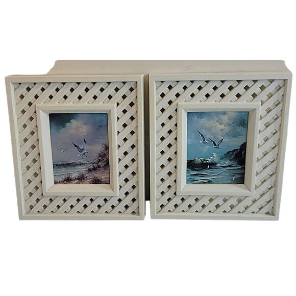 Vintage Set of 2 Homco Seashore Seagull Pictures White Lattice Framed 9"x8"